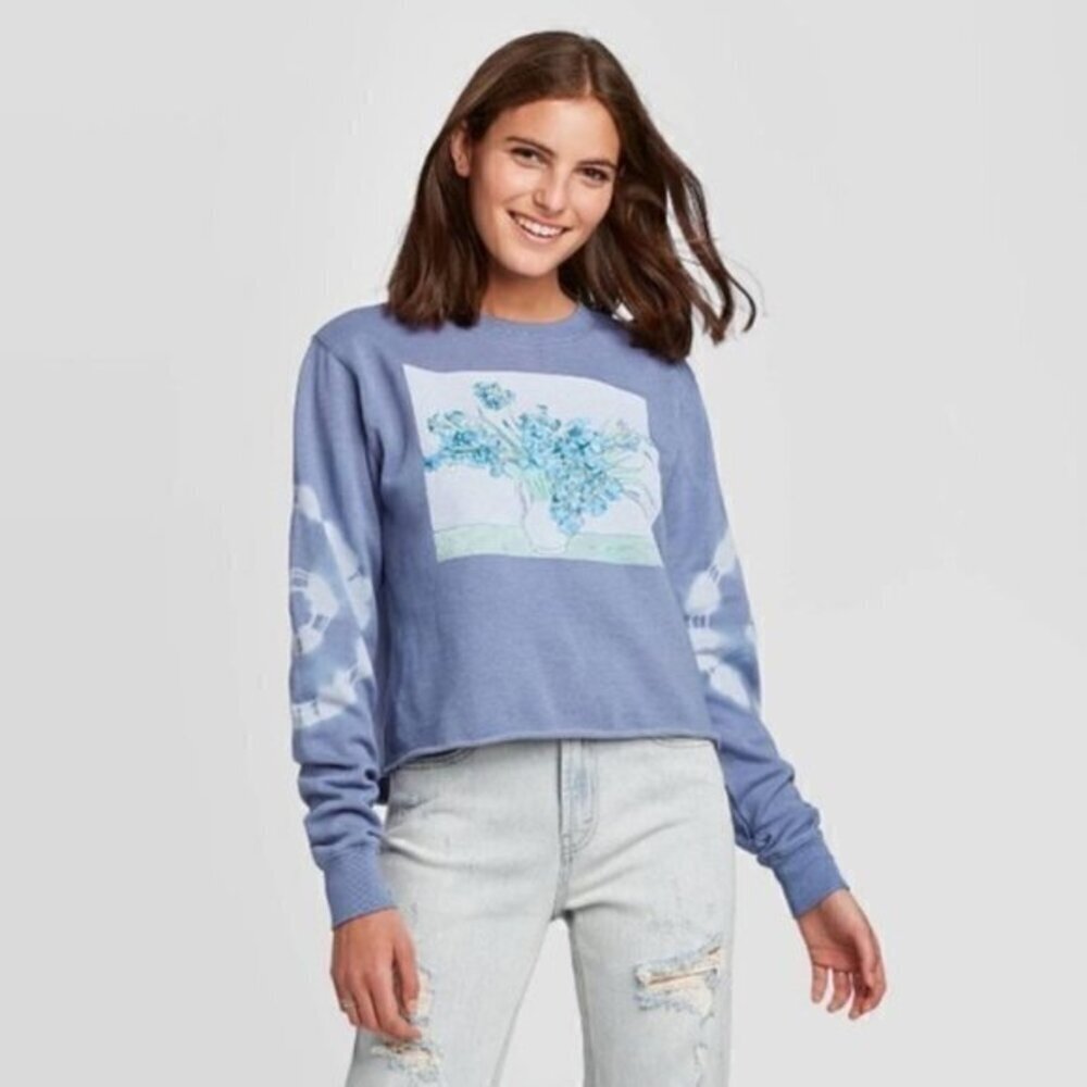 Mighty Fine Van Gogh Irises Tie Dye Blue Sweatshirt Size Small